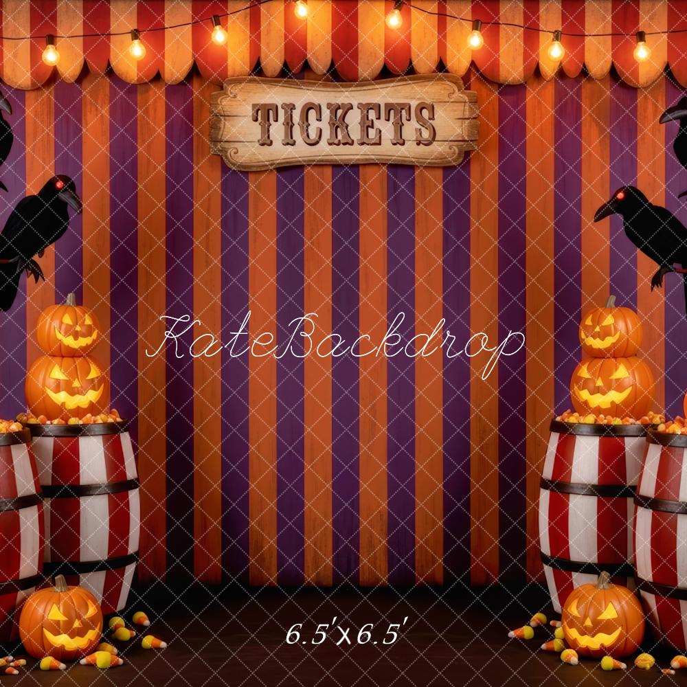 Kate Halloween Circus Striped Barrels Pumpkins Backdrop Designed by Patty Robert