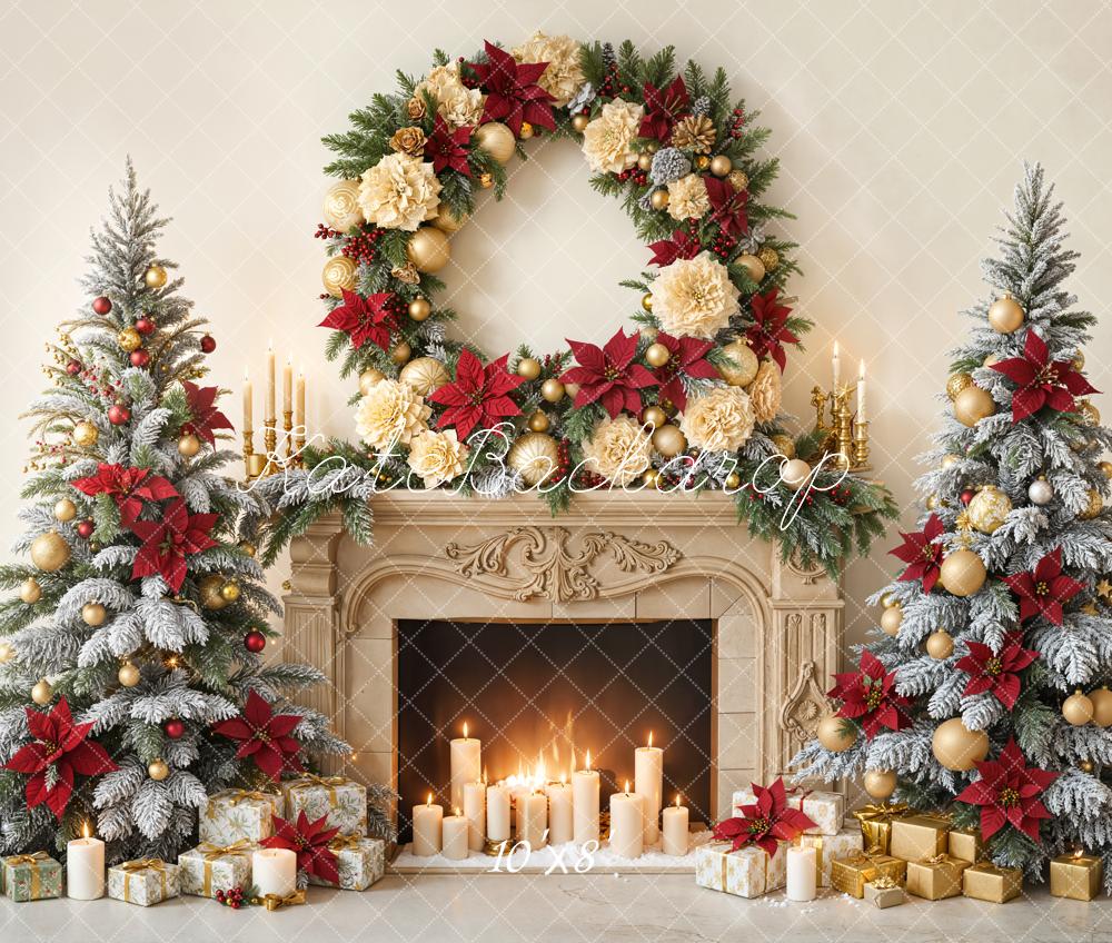 Kate Christmas Fireplace Wreath Candlelight Trees Fleece Backdrop Designed by Emetselch -UK