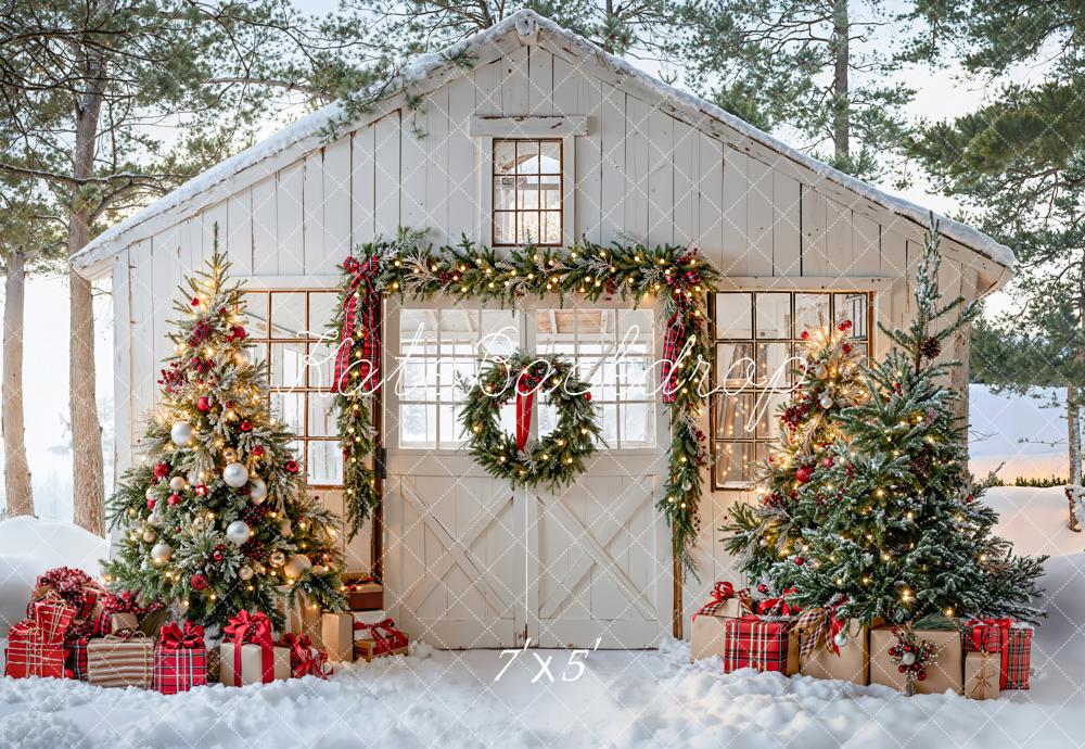 Kate Christmas Snow Cottage Trees Presents Backdrop Designed by Emetselch -UK