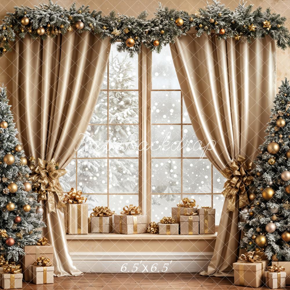 Kate Christmas Window Trees Gold Curtain Backdrop Designed by Emetselch -UK