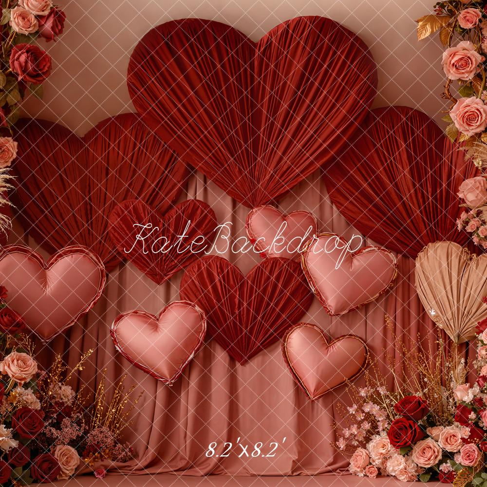 Kate Valentine Hearts Floral Arrangement Red Curtains Backdrop Designed by Emetselch