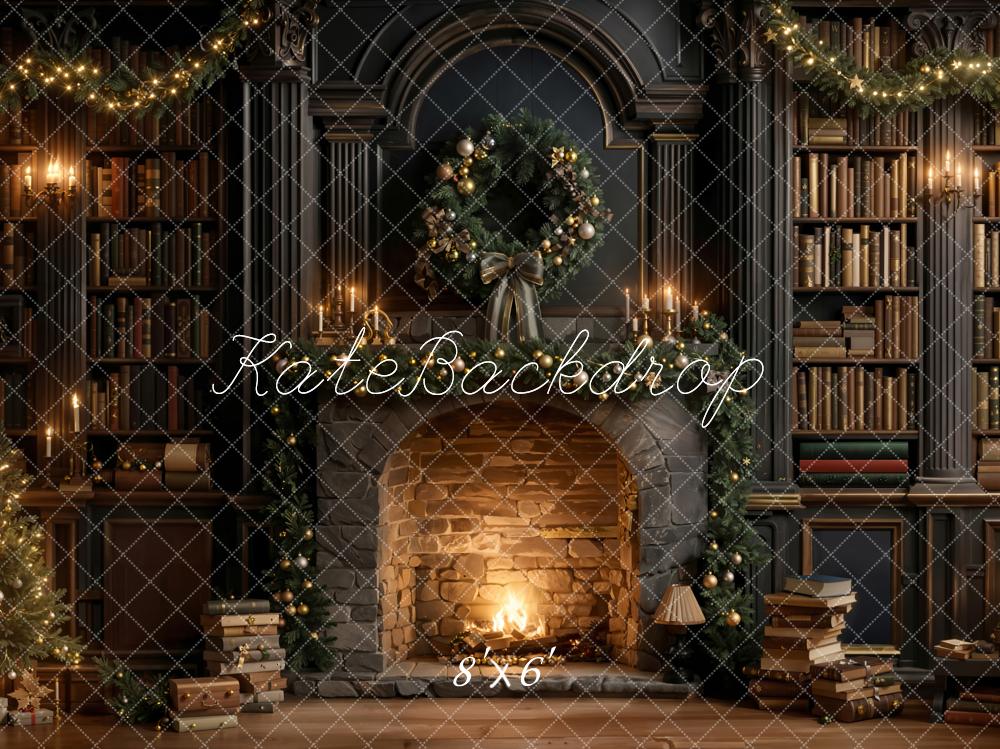 Kate Christmas Fireplace Wreath Bookcase Fleece Backdrop Designed by Emetselch