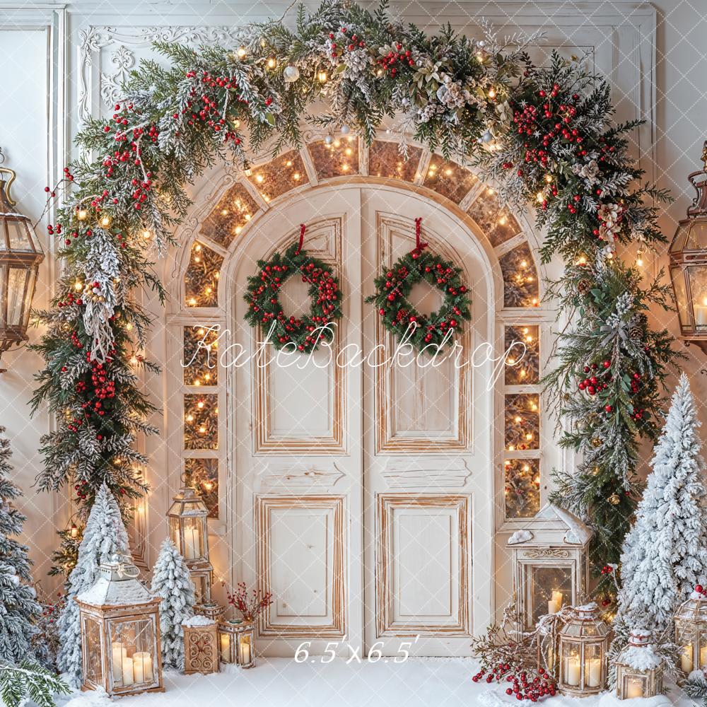 Kate Christmas Snowy Door Garland Lanterns Backdrop Designed by Emetselch
