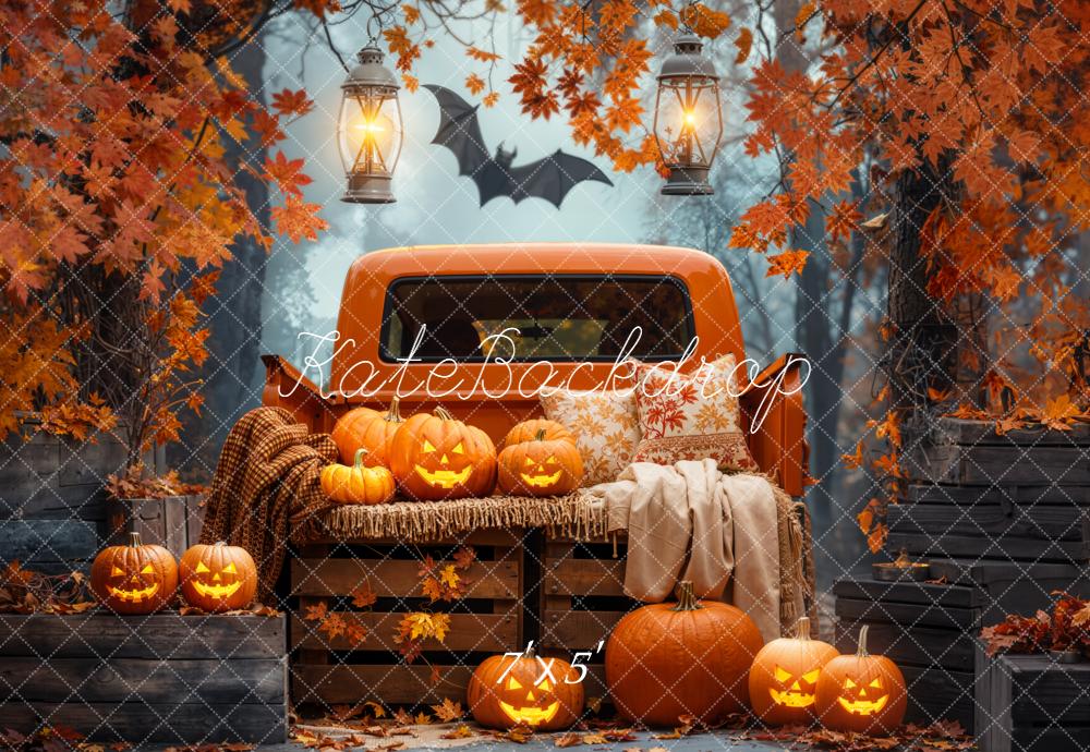 Kate Halloween Truck Pumpkins Autumn Forest Backdrop Designed by Emetselch -UK