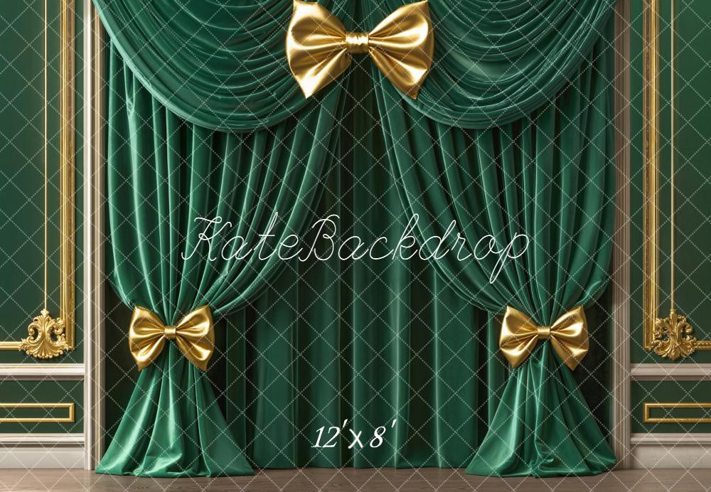 Kate Green Curtains Gold Bows Ornate Fleece Backdrop Designed by Emetselch -UK