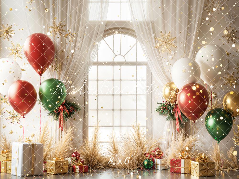 Kate Christmas Balloons Window Gifts Fleece Backdrop Designed by Emetselch -UK