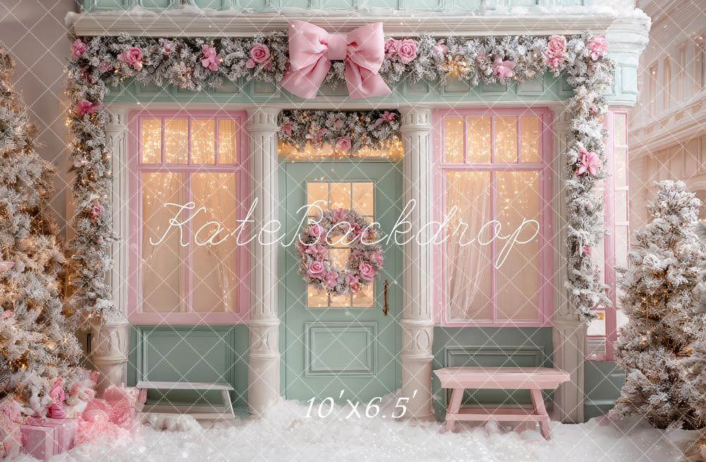 Kate Christmas Pink Bow Garland Shop Front Backdrop Designed by Ashley Paul -UK