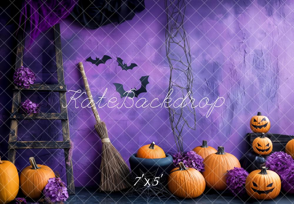 Kate Halloween Pumpkins Broom Ladder Purple Wall Backdrop Designed by Patty Robert -UK