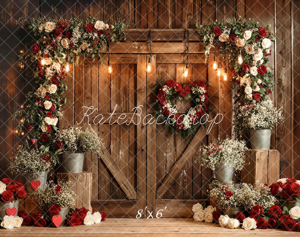 Kate Flower Arch Red White Roses Rustic Wood Fleece Backdrop Designed by Emetselch -UK