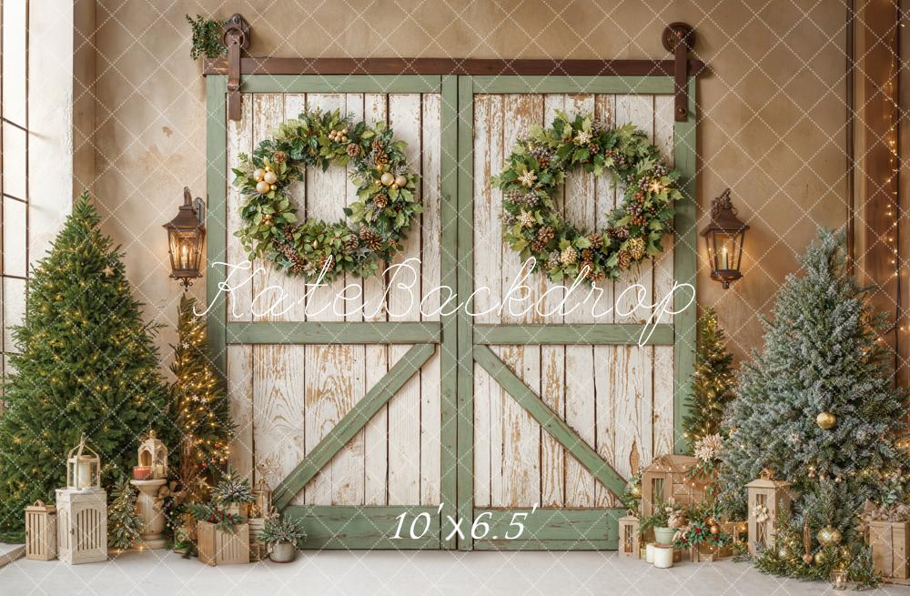 Kate Christmas Barn Door Wreath Trees Fleece Backdrop Designed by Emetselch