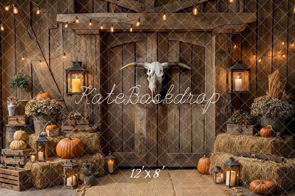 Kate Autumn Barn Lantern Pumpkin Hay Fleece Backdrop Designed by Emetselch -UK