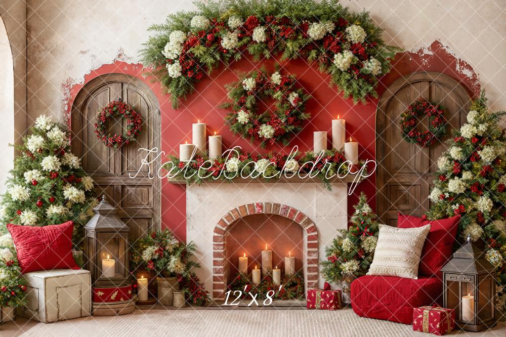 Kate Christmas Fireplace Garland Candles Fleece Backdrop Designed by Emetselch -UK