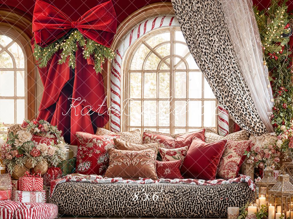 Kate Christmas Red Bow Leopard Decor Fleece Backdrop Designed by Emetselch -UK
