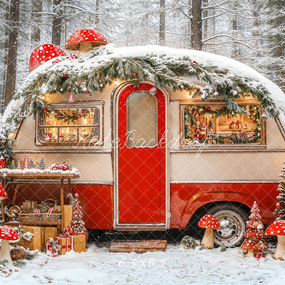 Kate Christmas Caravan Snowy Forest Mushrooms Backdrop Designed by Emetselch -UK