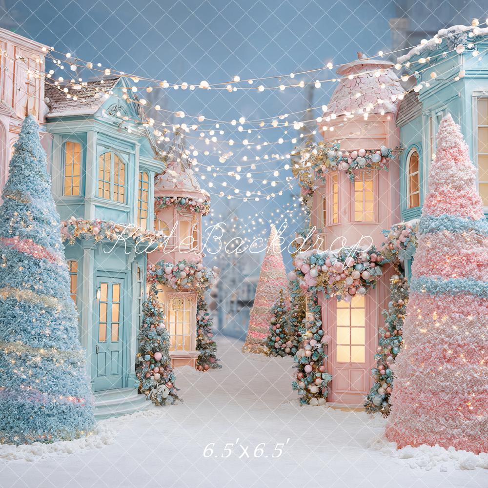 Kate Christmas Pastel Village Trees Backdrop Designed by Ashley Paul