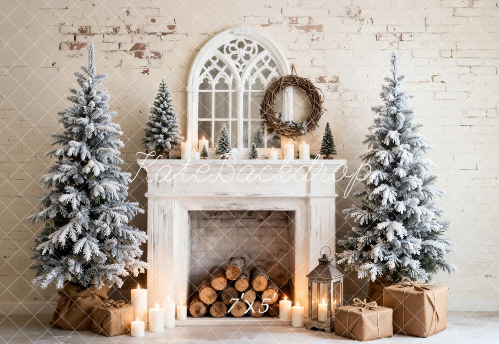 Kate Christmas Fireplace Snowy Trees Gifts Backdrop Designed by Emetselch