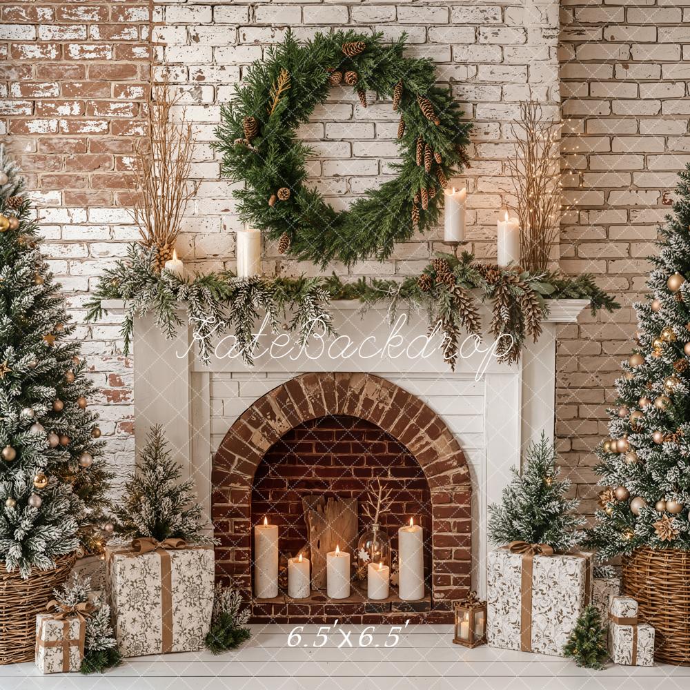 Kate Christmas Fireplace Brick Wall Frosted Trees Backdrop Designed by Emetselch