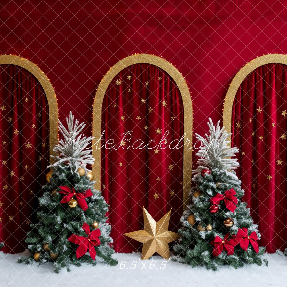 Kate Christmas Holiday Red Curtains Trees Backdrop Designed by Patty Robert