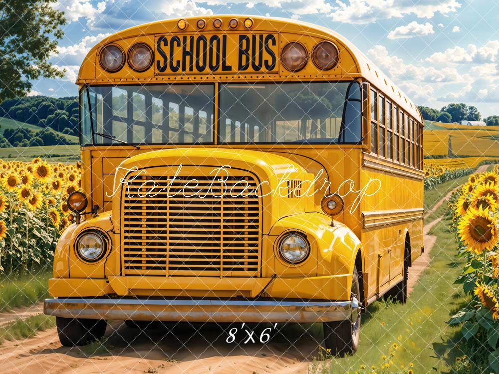 Kate Back To School Bus Sunflower Field Fleece Backdrop Designed by Emetselch
