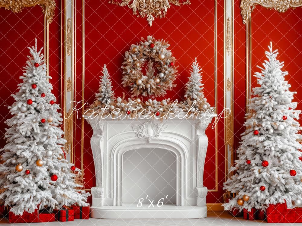 Kate Christmas Red Wall White Fireplace Trees Backdrop Designed by Patty Robert