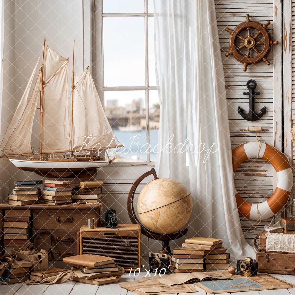 Kate Nautical Sailboat Lifebuoy Globe Vintage Backdrop Designed by Emetselch