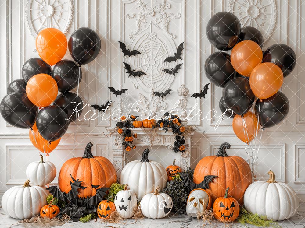Kate Halloween Pumpkins Balloons Bats Fleece Backdrop Designed by Emetselch -UK