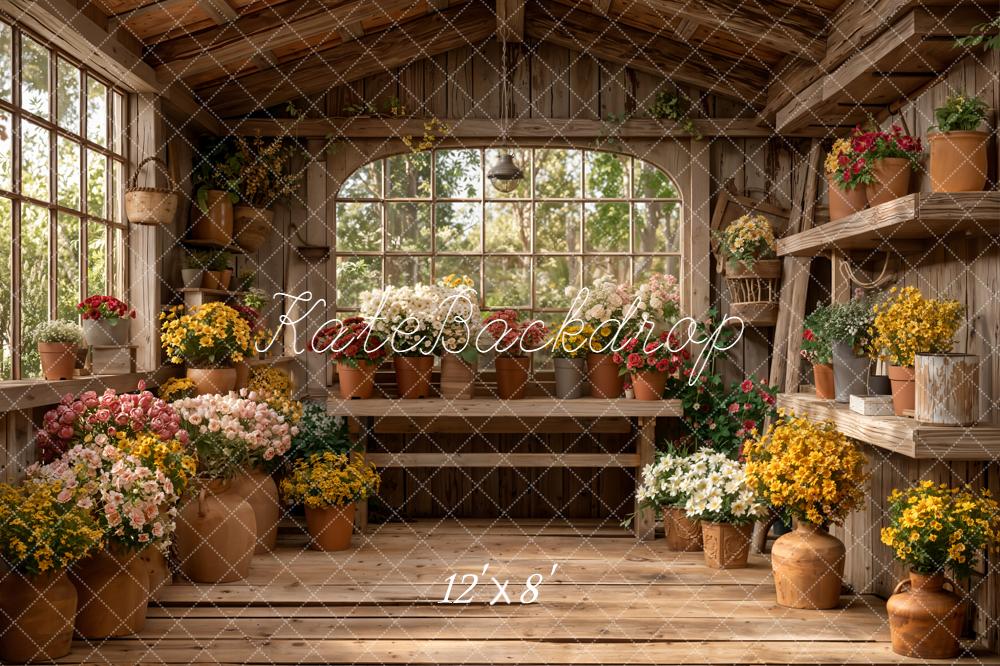 Kate Floral Pots Wooden Shelves Greenhouse Fleece Backdrop Designed by Emetselch -UK