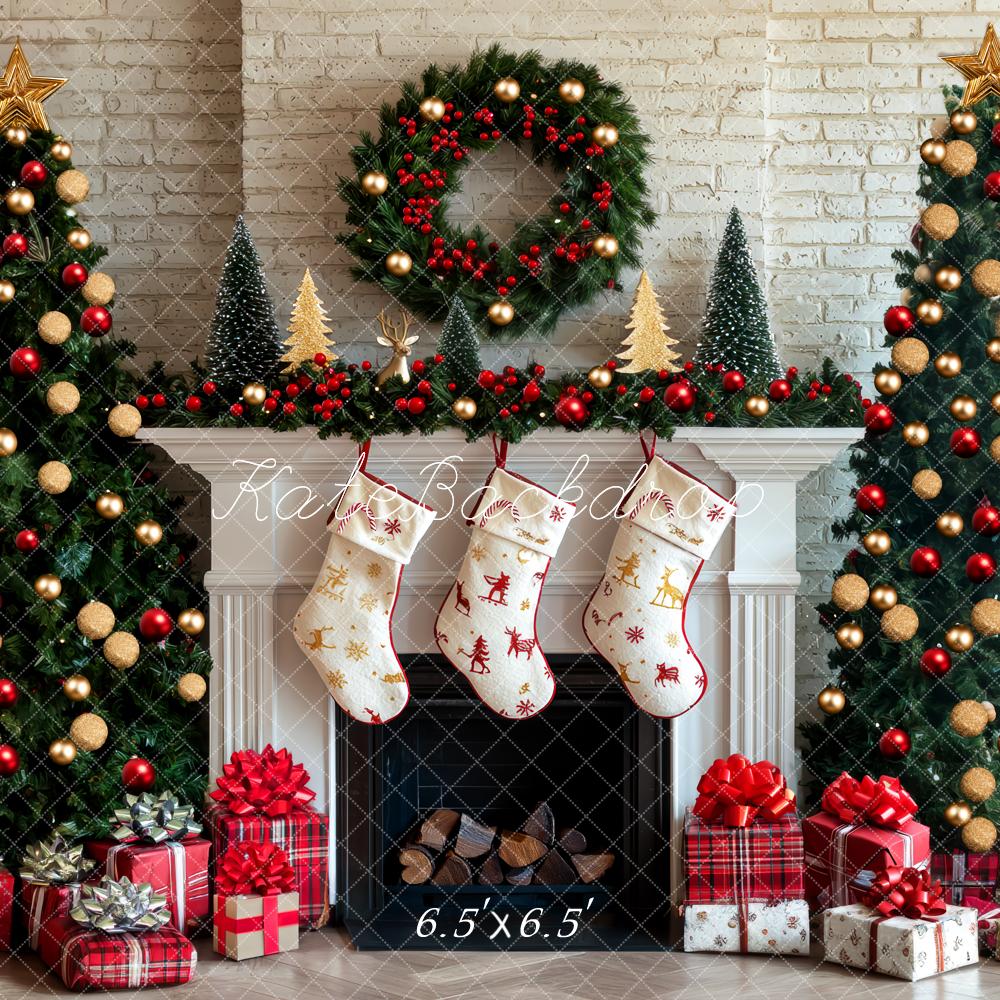 Kate Christmas Fireplace Stockings Trees Backdrop Designed by Mini MakeBelieve