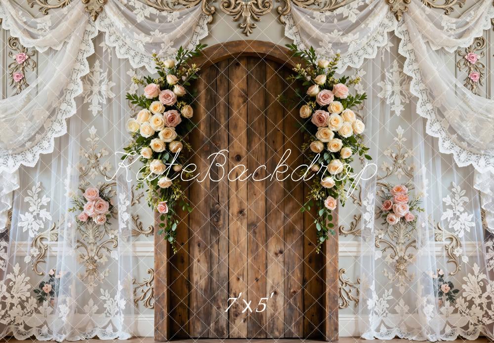 Kate Floral Arch Wooden Door Lace Curtains Backdrop Designed by Mini MakeBelieve -UK