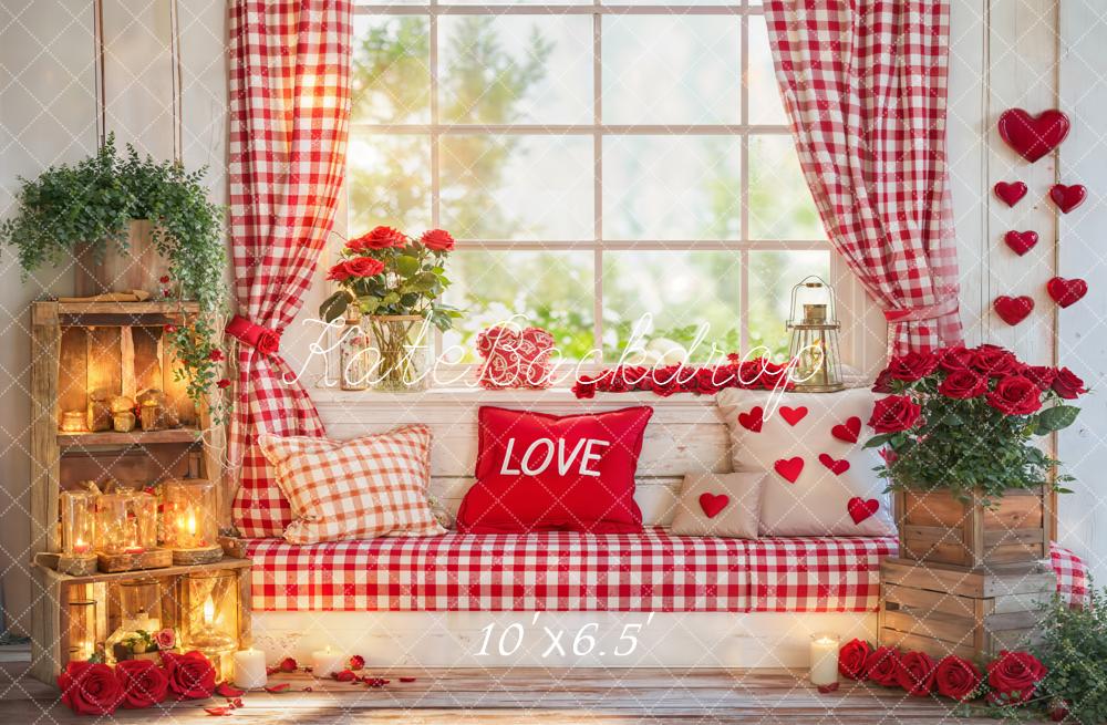 Kate Valentine Window Red Hearts Roses Fleece Backdrop Designed by Emetselch