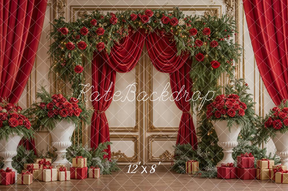 Kate Christmas Red Curtains Roses Gifts Backdrop Designed by Emetselch