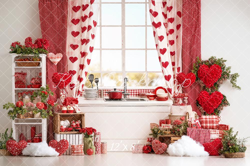 Kate Valentine Kitchen Hearts Decor Red Backdrop Designed by Emetselch -UK