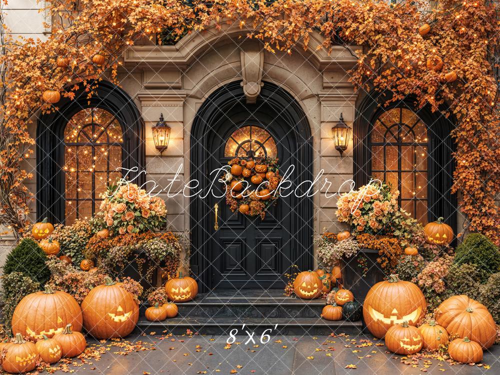 Kate Halloween Pumpkins Autumn Porch Fleece Backdrop Designed by Emetselch -UK