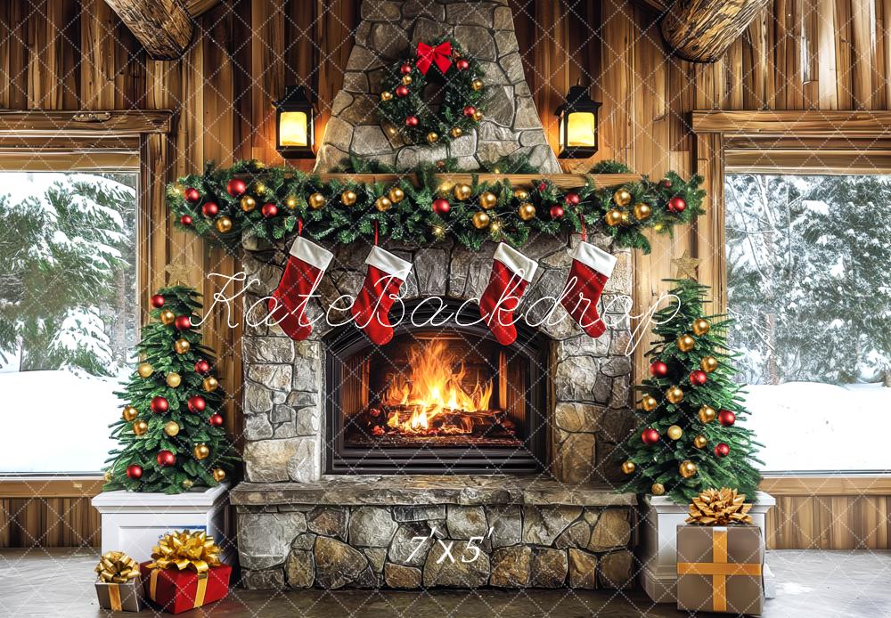 Kate Christmas Fireplace Garland Presents Backdrop Designed by Mini MakeBelieve