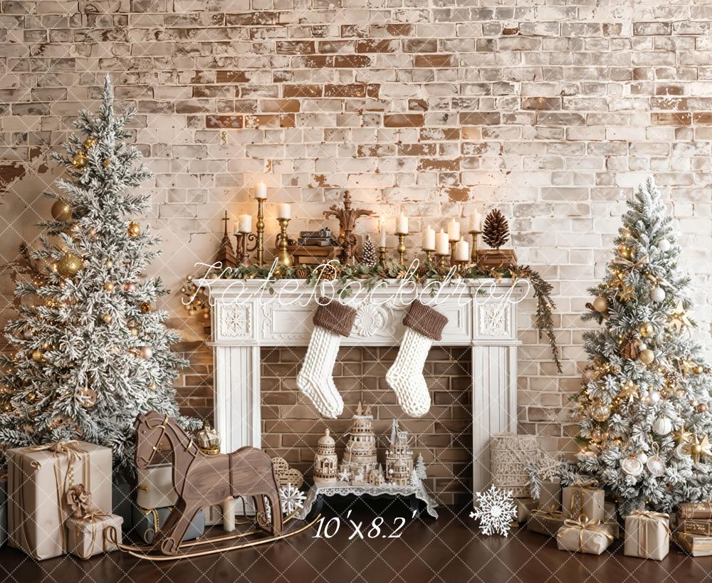 Kate Christmas Fireplace Trees Brick Wall Fleece Backdrop Designed by Emetselch