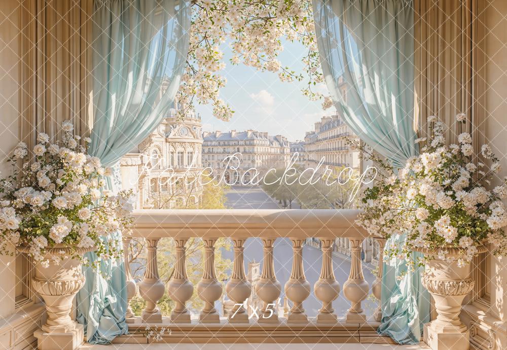 Kate Spring Balcony Cityscape Blue Curtains Backdrop Designed by Emetselch