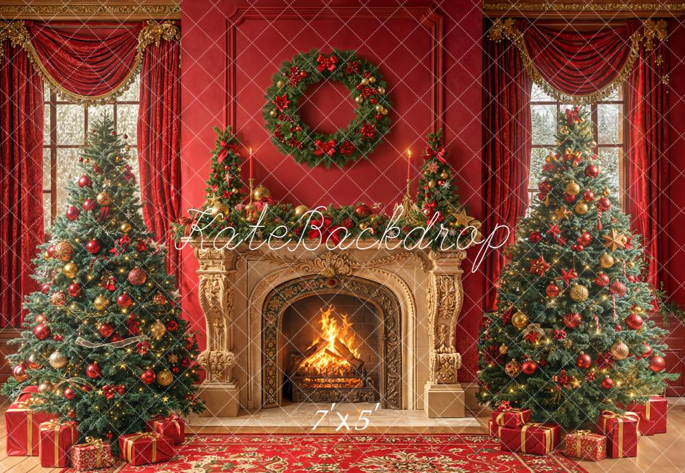 Kate Red Christmas Fireplace Wreath Trees Backdrop Designed by Emetselch