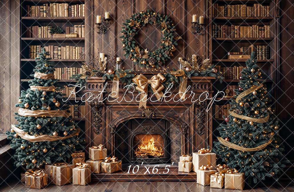 Kate Christmas Fireplace Bookshelves Trees Fleece Backdrop Designed by Emetselch