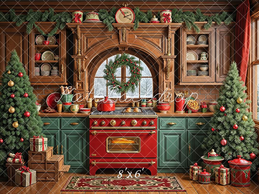 Kate Christmas Kitchen Trees Red Oven Fleece Backdrop Designed by Emetselch -UK