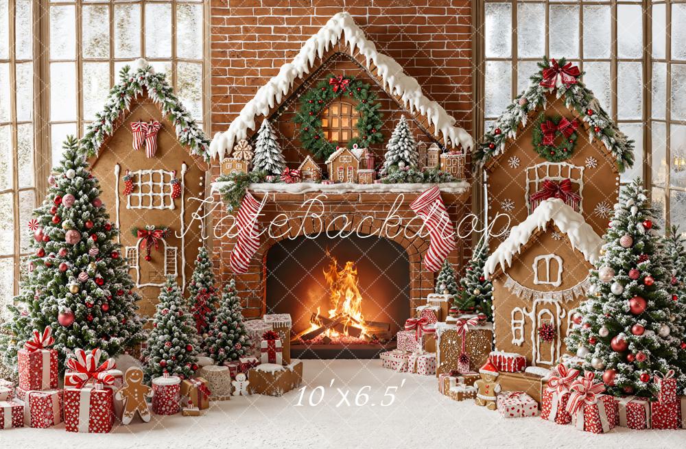 Kate Christmas Gingerbread Fireplace Tree Gifts Fleece Backdrop Designed by Emetselch