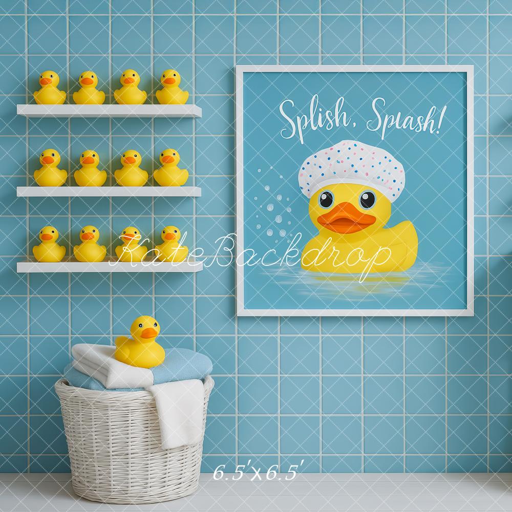Kate Duck Bathrobe Blue Tiles Backdrop Designed by Patty Robert -UK