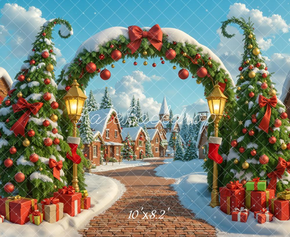 Kate Christmas Arch Trees Snow Village Backdrop Designed by Emetselch