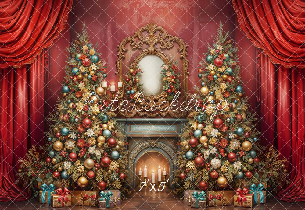 Kate Christmas Trees Fireplace Gifts Red Curtains Backdrop Designed by Emetselch