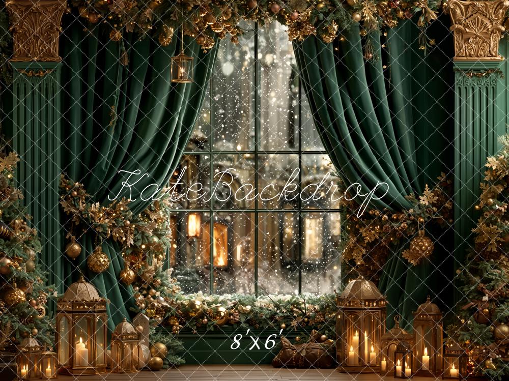 Kate Christmas Window Green Curtains Fleece Backdrop Designed by Emetselch -UK