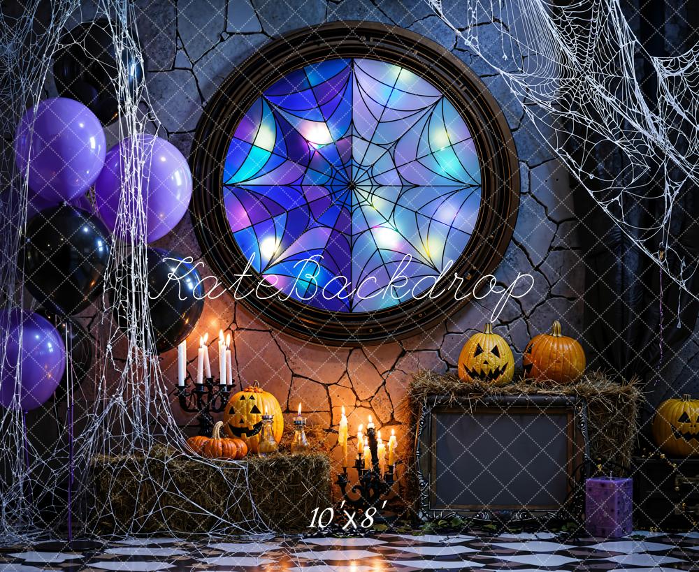 Kate Halloween Stained Glass Spiderweb Fleece Backdrop Designed by Emetselch -UK