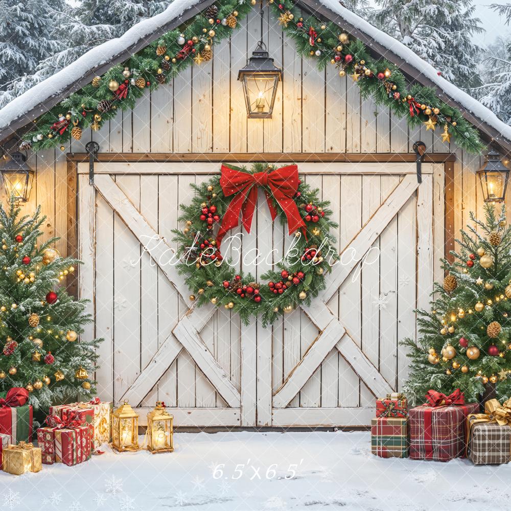 Kate Christmas Barn Door Garland Trees Presents Backdrop Designed by Emetselch -UK