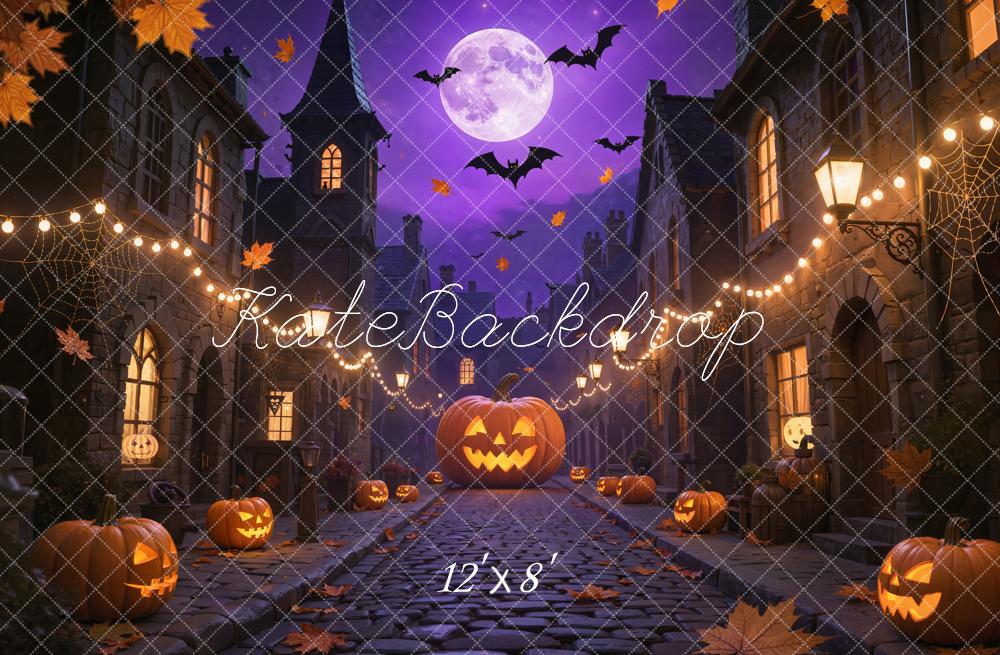 Kate Halloween Pumpkins Bats Purple Night Fleece Backdrop Designed by Emetselch -UK