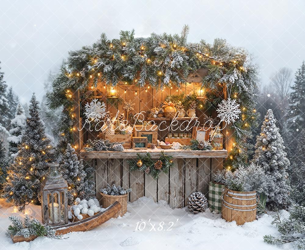 Kate Christmas Snowy Pine Lantern Fleece Backdrop Designed by Emetselch