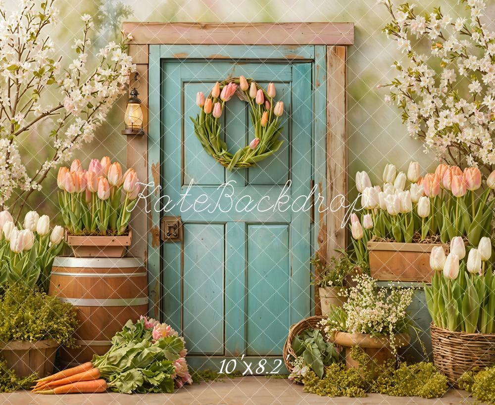 Kate Spring Blue Door Tulips Fleece Backdrop Designed by Emetselch