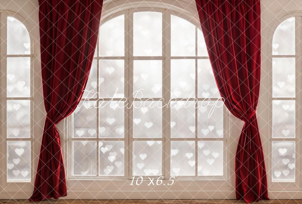 Kate Window Red Curtains Heart Pattern Fleece Backdrop Designed by Emetselch